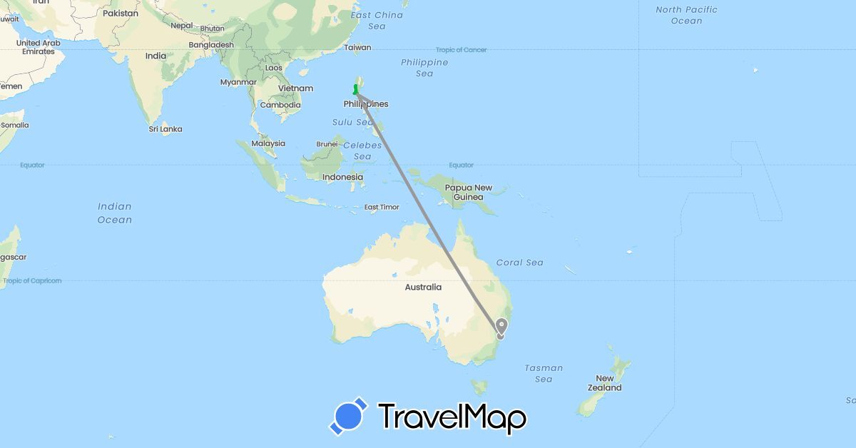 TravelMap itinerary: driving, bus, plane, motorbike in Australia, Philippines (Asia, Oceania)